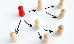 On a white table, there is a red wooden peg standing in front of two rows of uncolored wooden pegs. There are black arrows pointing from the red peg to the other pegs.