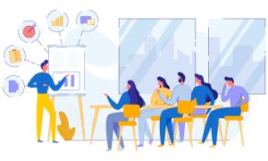 An illustrated graphic that shows five people sitting in chairs while one stands to give a presentation. There is a graph that the presenter is referring to. Surrounding the graph, there are icons of a piece of paper, a checklist, a target, a line graph, and an instant messaging chat box.